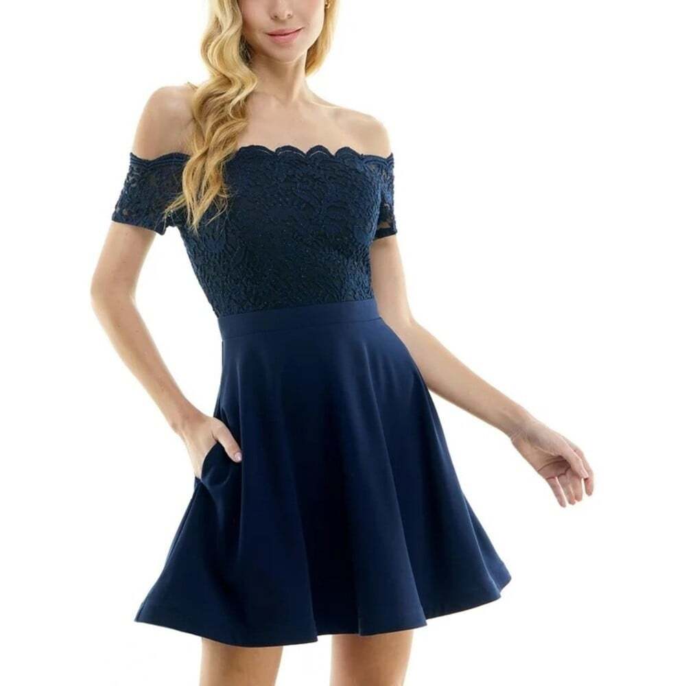 NWT Navy Off-Shoulder City Studio Dress Junior Size 11 Mini Party Glamour